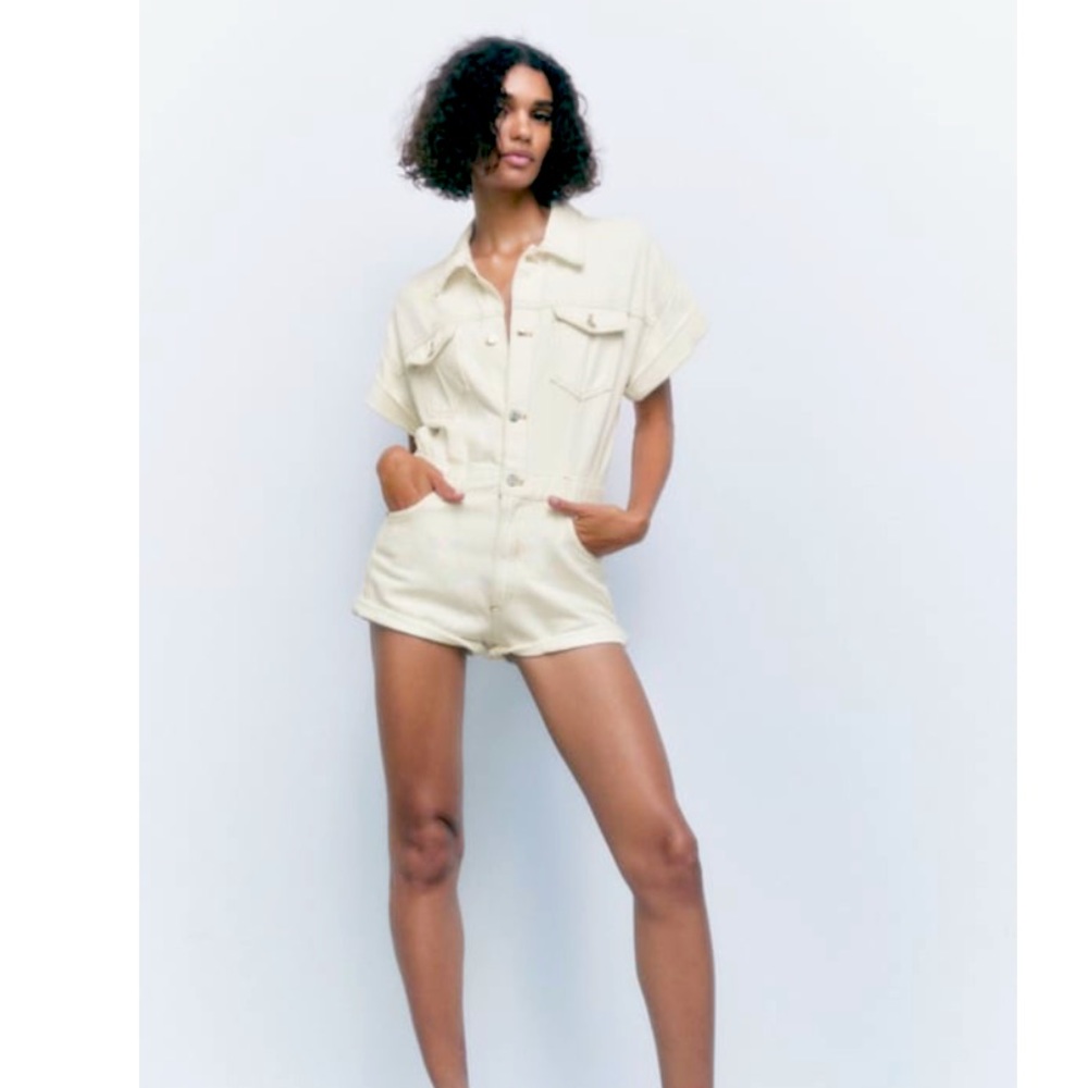 Zara cream denim jumpsuit shorts